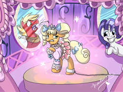 Size: 1024x768 | Tagged: safe, artist:mare--in--the--moon, applejack, big macintosh, rarity, earth pony, pony, unicorn, alternate hairstyle, applejack also dresses in style, carousel boutique, clothes, dress, grin, male, shackles, shocked, stallion, uncomfortable