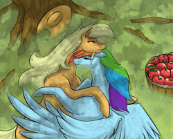 Size: 1004x808 | Tagged: safe, artist:shybaldur, derpibooru import, applejack, rainbow dash, earth pony, pegasus, pony, apple, appledash, female, hug, lesbian, on side, shipping, smiling, tree