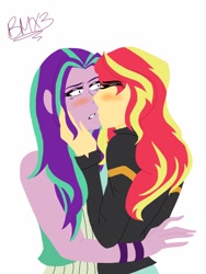 Size: 768x1024 | Tagged: safe, artist:brickercupmasterx3, aria blaze, sunset shimmer, equestria girls, blushing, clothes, female, flirting, jacket, kissing, leather jacket, lesbian, shipping, sunblaze