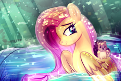 Size: 3000x2000 | Tagged: safe, artist:xwhitedreamsx, fluttershy, hedgehog, pegasus, pony, crepuscular rays, female, looking back, mare, smiling, solo, tree