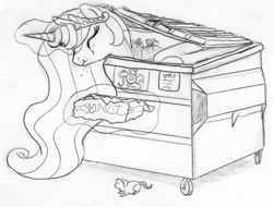 Size: 662x504 | Tagged: safe, artist:midwestbrony, princess celestia, alicorn, mouse, pony, /mlp/, 4chan, dumpster, dumpster diver, monochrome, solo, traditional art