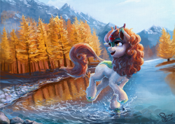 Size: 2000x1414 | Tagged: safe, artist:nemo2d, autumn blaze, kirin, sounds of silence, awwtumn blaze, beautiful, cute, featured image, female, forest, golden eyes, looking back, open mouth, river, scenery, scenery porn, smiling, solo, splashing, technical advanced, tree, water