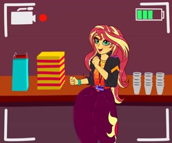 Size: 3000x2500 | Tagged: safe, artist:albertbm, sunset shimmer, better together, equestria girls, adorasexy, backstage pass, bag, camcorder, camera shot, clothes, cup, cute, cutie mark on clothes, female, high res, hips, how to backstage, open mouth, pants, recording, selfie drone, sexy, shimmerbetes, solo, swag swag swag swag swag, thick, thighs, vip, wide hips