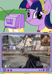 Size: 564x800 | Tagged: safe, derpibooru import, twilight sparkle, twilight sparkle (alicorn), alicorn, pony, big crown thingy, call of duty, elpresador, exploitable meme, female, mare, meme, obligatory pony, tv meme, twiface