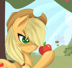 Size: 917x871 | Tagged: safe, artist:ti-wave, applejack, earth pony, parasprite, pony, apple, chest fluff, colored pupils, ear fluff, female, food, frown, hair over one eye, hoof hold, mare, solo