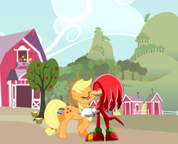 Size: 2880x2333 | Tagged: safe, applejack, earth pony, pony, appleknux, background pony strikes again, copy and paste, crossover, crossover shipping, female, kissing, knuckles the echidna, male, shipping, sonic the hedgehog (series), straight, vector