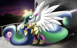 Size: 4000x2500 | Tagged: safe, artist:nakijan, princess celestia, alicorn, pony, armor, balcony, magic, raising the sun, rearing, smiling, solo, spread wings, sun work, sunrise