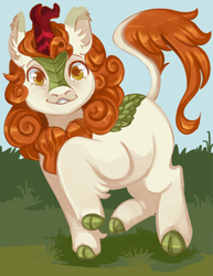 Size: 800x1035 | Tagged: safe, artist:kingbriarturtle, autumn blaze, kirin, sounds of silence, awwtumn blaze, cloven hooves, cute, female, grass, looking at you, raised leg, smiling, solo