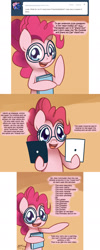Size: 900x2243 | Tagged: safe, artist:solar-slash, pinkie pie, earth pony, pony, ask, ask pinkie pie solutions, book, glasses, solo, tumblr