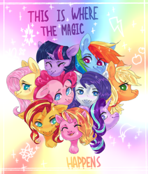 Size: 2889x3409 | Tagged: safe, artist:shininglovelystar, applejack, fluttershy, luster dawn, pinkie pie, rainbow dash, rarity, starlight glimmer, sunset shimmer, twilight sparkle, twilight sparkle (alicorn), alicorn, earth pony, pegasus, pony, unicorn, the last problem, alternate mane seven, bust, chest fluff, crying, cutie mark, eyes closed, female, high res, mane six, mare, open mouth, portrait, smiling, the magic of friendship grows