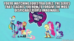 Size: 600x337 | Tagged: safe, edit, edited screencap, screencap, applejack, fluttershy, pinkie pie, rainbow dash, rarity, sci-twi, spike, spike the regular dog, sunset shimmer, twilight sparkle, dog, better together, equestria girls, caption, clothes, comment war, converse, equestria girls logo, geode of empathy, geode of fauna, geode of shielding, geode of super speed, geode of super strength, geode of telekinesis, humane five, humane seven, humane six, image macro, intro, logo, magical geodes, pantyhose, photo, ponied up, scitwilicorn, shoes, sneakers, text, wings