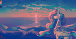 Size: 2897x1500 | Tagged: safe, artist:alumx, princess celestia, alicorn, pony, color palette challenge, female, limited palette, mare, ocean, solo, sunset