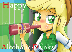 Size: 1333x959 | Tagged: safe, artist:the-butch-x, applejack, equestria girls, alcohol, alcoholism, cowboy hat, cowgirl, fingernails, green eyes, hard cider, hat, moonshine, nail polish, solo, stetson, sweat, yellow hair