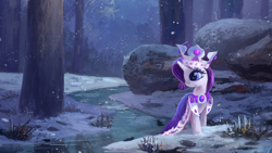 Size: 2560x1440 | Tagged: safe, artist:ajvl, edit, princess platinum, rarity, pony, unicorn, cropped, crown, forest, queen rarity, river, scenery, smiling, snow, snowfall, solo, tree, wallpaper, wallpaper edit, water