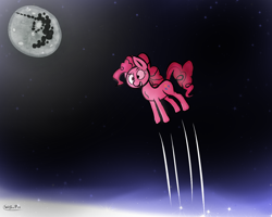 Size: 1280x1024 | Tagged: safe, artist:wolfun, pinkie pie, earth pony, pony, jumping, moon, solo, space, stars