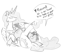 Size: 1196x1038 | Tagged: safe, artist:nobody, princess celestia, alicorn, pony, dialogue, headlock, metal gear solid 5, monochrome, sketch, wrestling