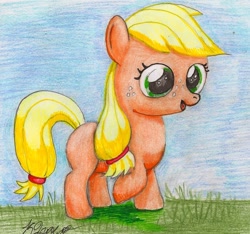 Size: 924x864 | Tagged: safe, artist:shutterguy, applejack, earth pony, pony, drawing, filly, hatless, missing accessory, solo, traditional art