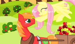 Size: 1824x1072 | Tagged: safe, artist:cynicalsuccubus, artist:pikachu891000, big macintosh, fluttershy, earth pony, pegasus, pony, boop, female, fluttermac, male, orchard, shipping, stallion, straight