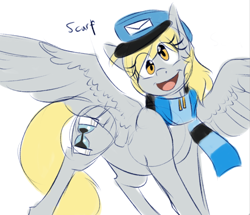 Size: 660x568 | Tagged: safe, artist:pocketyhat, part of a set, derpy hooves, pegasus, pony, alternate cutie mark, clothes, doctor who, female, happy, hat, mare, open mouth, scarf, scarf derpy, simple background, solo, spread wings, white background, wings