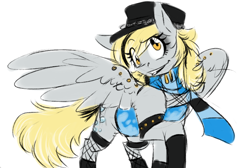 Size: 880x590 | Tagged: safe, artist:pocketyhat, derpy hooves, pegasus, pony, black lipstick, bracelet, clothes, cutie mark, dress, female, fishnet stockings, hat, highlights, jewelry, lipstick, mare, mascara, piercing, scarf, scarf derpy, simple background, socks, solo, spiked wristband, spread wings, white background, wing piercing, wings, wristband