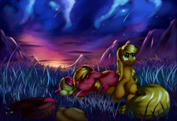 Size: 2850x1950 | Tagged: safe, artist:grennadder, apple bloom, applejack, big macintosh, earth pony, pony, apple siblings, crying, male, scenery, sleeping, stallion