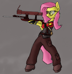 Size: 651x674 | Tagged: safe, artist:bluvsred, fluttershy, pegasus, pony, semi-anthro, bipedal, sniper, snipershy, team fortress 2