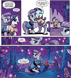 Size: 1335x1472 | Tagged: safe, artist:brendahickey, idw, maud pie, rarity, bat, earth pony, pony, unicorn, spoiler:comic, spoiler:comicff29, cave, comic, crystal, official comic, smiling, when she smiles