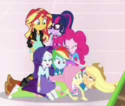 Size: 438x371 | Tagged: safe, screencap, applejack, fluttershy, pinkie pie, rainbow dash, rarity, sci-twi, sunset shimmer, twilight sparkle, equestria girls, mirror magic, spoiler:eqg specials, cropped, geode of empathy, geode of fauna, geode of shielding, geode of sugar bombs, geode of super speed, geode of telekinesis, humane five, humane seven, humane six, magical geodes, out of context