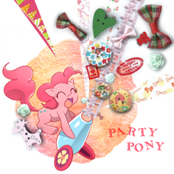 Size: 1100x1100 | Tagged: safe, artist:quizia, pinkie pie, earth pony, pony, bow, buttons, collage, cute, diapinkes, party cannon, solo