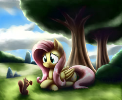 Size: 3657x2997 | Tagged: safe, artist:otakuap, fluttershy, pegasus, pony, squirrel, acorn, prone, redraw, smiling