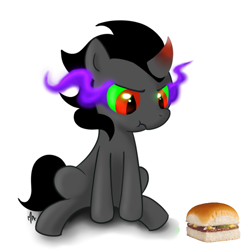 Size: 800x800 | Tagged: safe, artist:gatodelfuturo, derpibooru import, edit, king sombra, pony, unicorn, burger, colt, colt sombra, cute, foal, krystal burger, male, scrunchy face, sombradorable