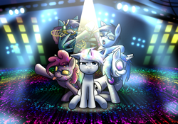 Size: 1280x896 | Tagged: safe, artist:zaron, dj pon-3, pinkie pie, vinyl scratch, oc, earth pony, pony, unicorn, disco mane