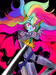 Size: 1536x2048 | Tagged: safe, artist:nounoo, derpibooru import, rainbow dash, equestria girls, clothes, cosplay, costume, crossover, female, knight, looking at you, she-ra, she-ra and the princesses of power, solo, sword, weapon