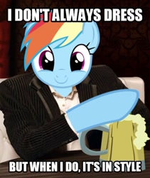 Size: 540x641 | Tagged: safe, derpibooru import, rainbow dash, pegasus, pony, crossing the memes, image macro, meme, rainbow dash always dresses in style, the most interesting man in the world, the most interesting mare in the world, the most interesting pony in the world