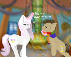 Size: 1500x1200 | Tagged: safe, derpibooru import, doctor whooves, fleur-de-lis, ask the dimension travelers, clothes, doctor who, scarf, tardis