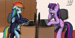 Size: 1280x655 | Tagged: safe, artist:the-furry-railfan, derpibooru import, rainbow dash, surprise, twilight sparkle, pegasus, pony, chair, clothes, coat, computer, desk, disapproval, glasses, laptop computer, office, robe, skype, transformation