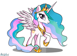 Size: 978x714 | Tagged: safe, artist:nickdallas, princess celestia, alicorn, pony, chibi, female, horn, mare, multicolored mane, solo, white coat