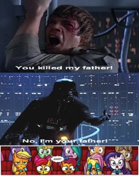 Size: 576x726 | Tagged: safe, idw, apple bloom, applejack, babs seed, rarity, earth pony, pony, unicorn, applejack is not amused, audience reaction, darth vader, exploitable meme, forced meme, i am your father, luke skywalker, meme, star wars, the empire strikes back