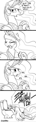 Size: 1080x3600 | Tagged: safe, artist:gashiboka, princess celestia, alicorn, pony, 4koma, burger, comic, comic strip, food, hamburger, korean, monochrome, ponies eating meat, toilet, translated in the comments, vomiting