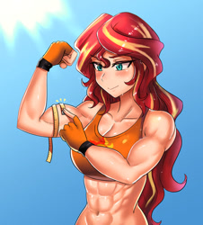 Size: 600x665 | Tagged: safe, artist:tzc, sunset shimmer, human, equestria girls, abs, bicep, clothes, commission, female, flexing, humanized, measuring tape, muscles, muscular female, smiling, sports bra, sunset lifter