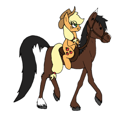 Size: 1024x959 | Tagged: safe, artist:dragon-flash, applejack, earth pony, horse, pony, bridle, horse-pony interaction, ponies riding horses, reins, riding, saddle