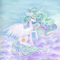 Size: 800x800 | Tagged: safe, artist:anoyliss, princess celestia, alicorn, pony, eyes closed, majestic, sitting, solo, spread wings, traditional art