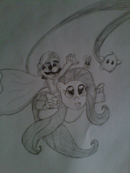 Size: 1024x1365 | Tagged: safe, artist:nintendostarknight, angel bunny, fluttershy, pegasus, pony, :d, cape, cape mario, clothes, crossover, luma, mario, monochrome, open mouth, photo, power-up, riding, smiling, super mario bros., super mario galaxy, super mario world, traditional art