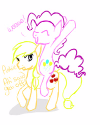 Size: 1000x1250 | Tagged: safe, artist:amberony, applejack, pinkie pie, earth pony, pony, ponies riding ponies, riding, sketch