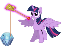 Size: 613x462 | Tagged: safe, derpibooru import, twilight sparkle, twilight sparkle (alicorn), alicorn, pony, princess twilight sparkle (episode), rarity takes manehattan, female, flail, grin, magic, mare, mystery box of plot importance, rainbow thread, smiling, solo, spread wings, telekinesis, twilight scepter, weapon