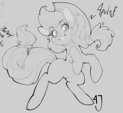 Size: 1126x1038 | Tagged: safe, artist:hallogreen, applejack, earth pony, pony, grayscale, implied pinkie pie, monochrome, rearing, solo, that pony sure does love apples