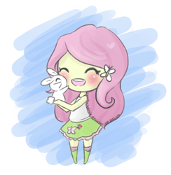 Size: 500x513 | Tagged: safe, artist:theuntouchedmilk, angel bunny, fluttershy, equestria girls, blushing, chibi, cute, eyes closed, female, happy, hug, open mouth, shyabetes, smiling, solo