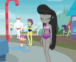 Size: 1317x1079 | Tagged: safe, screencap, bulk biceps, derpy hooves, lyra heartstrings, octavia melody, pinkie pie, sci-twi, twilight sparkle, victoria, water lily (equestria girls), better together, equestria girls, x marks the spot, barefoot, beach, bikini, clothes, cropped, feet, hips, ruffle bikini, sleeveless, swimsuit