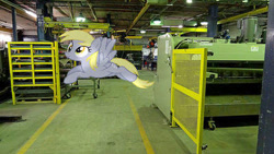 Size: 400x225 | Tagged: safe, artist:anthony60617, derpy hooves, pegasus, pony, flying, irl, machinery, photo, ponies in real life, school, wings