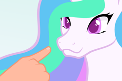 Size: 658x438 | Tagged: safe, artist:4as, princess celestia, alicorn, human, pony, :3, boop, cute, cutelestia, flash game, hand, hnnng, horn, imminent boop, purple eyes, smiling, solo focus, weapons-grade cute